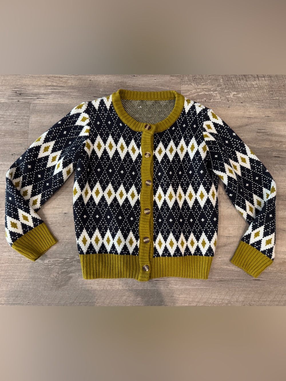 Olive Accent Navy & White Argyle Knit Cardigan Sweater